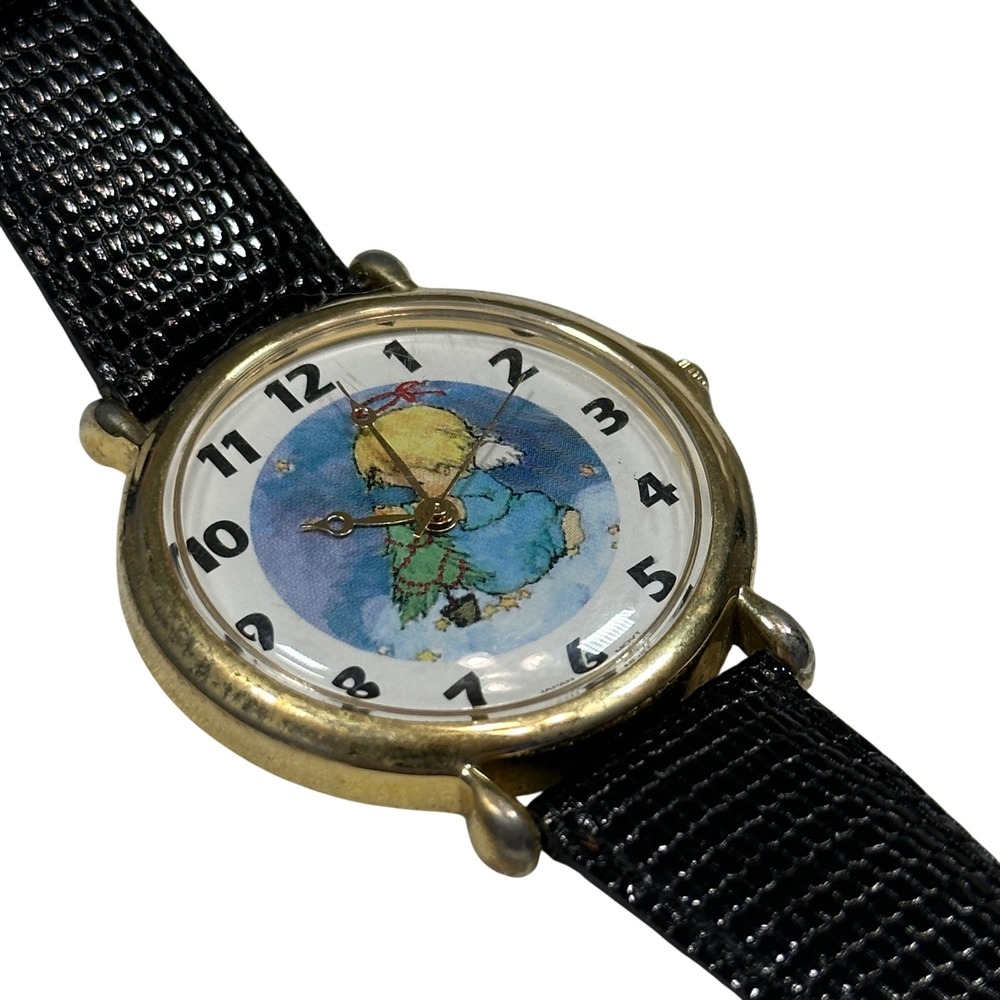 Vintage Milan Angel Watch Gold Tone Japan Black‎ Lizard Leather needs battery